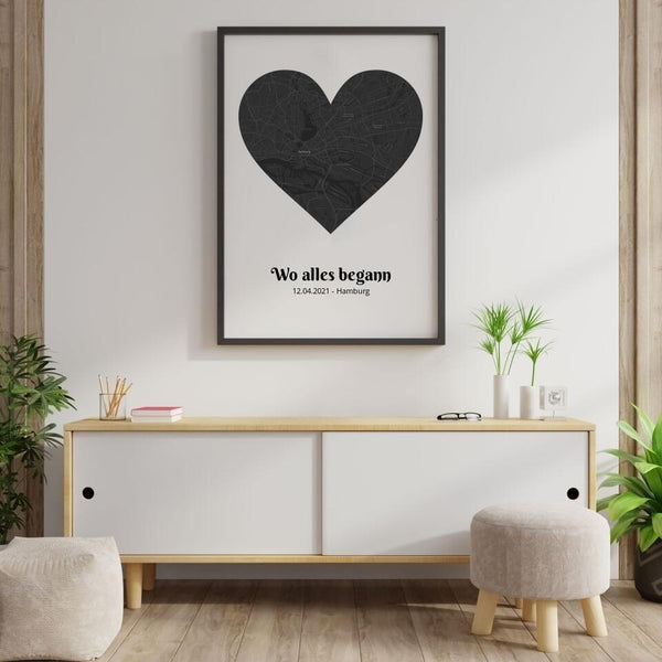 Stadtkarte Poster Herz schwarz - Dein Lieblingsort als Kunstwerk