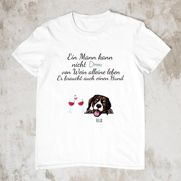 Mann mit Wein & Hund (Bis zu 4) - Personalisiertes T-Shirt