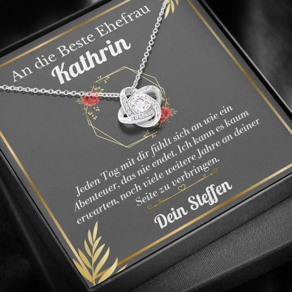 Liebesknoten Halskette "An die Beste Ehefrau" - 14K Weißgold Ausführung