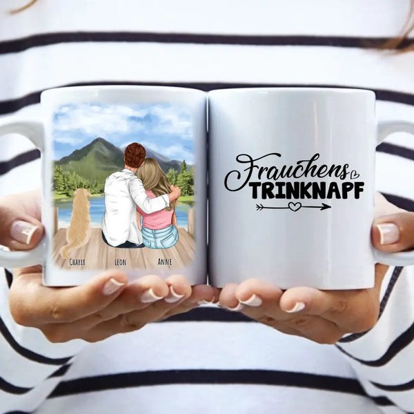 Pärchen mit bis zu 6 Haustieren (Hund, Katze, Hase oder Wellensittich) - Personalisierte Tasse