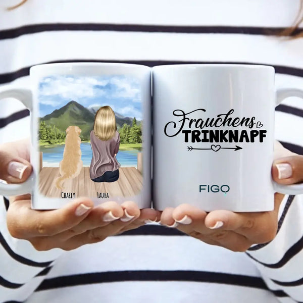 Frau mit Haustieren (Katze, Hund, Hase oder Vögel) Figo Edition - Personalisierte Tasse