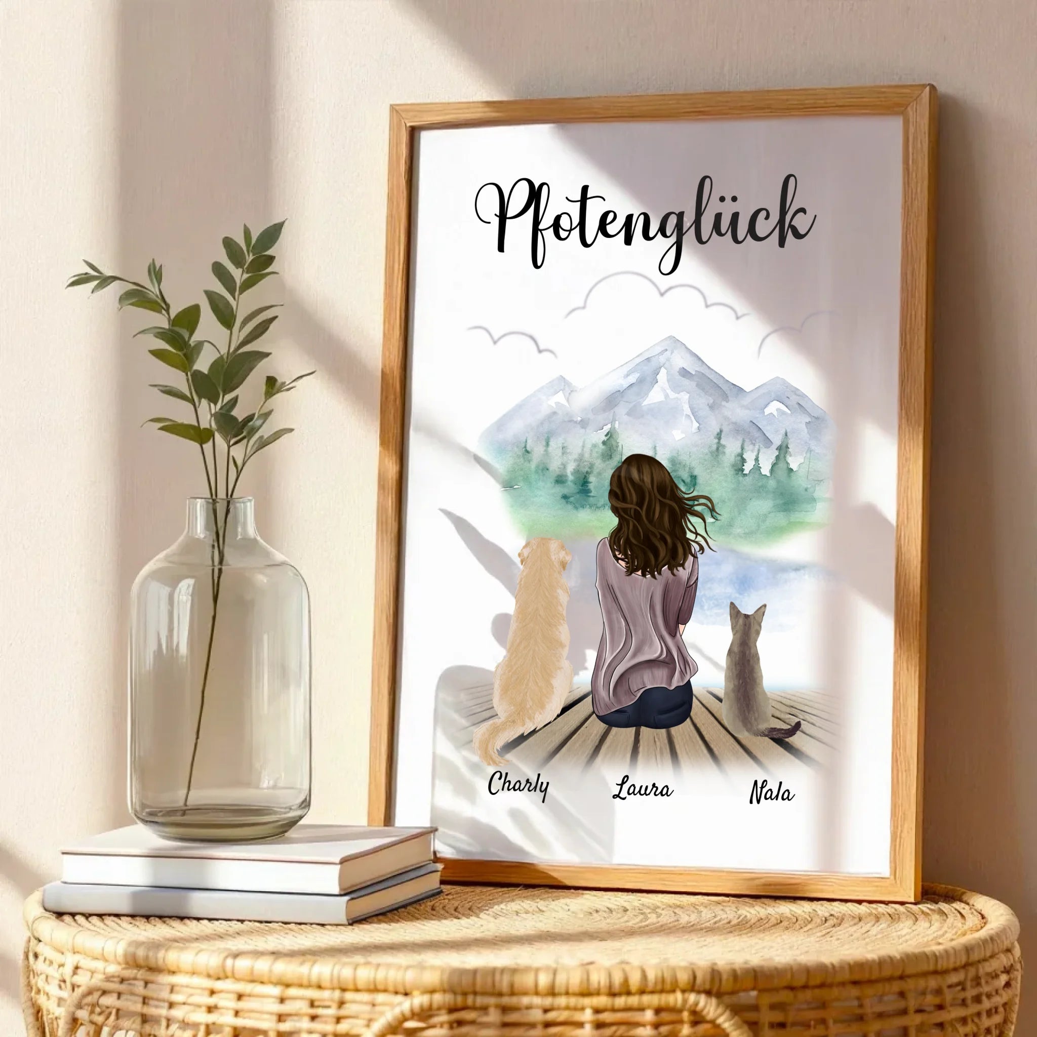 Personalised Woman with Pets Art Print — Large Poster or Canvas