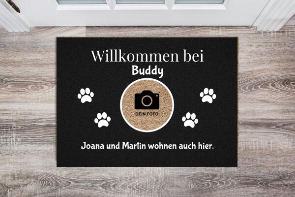 Individuelle Foto-Fußmatte für Haustierbesitzer - Willkommen (schwarz)