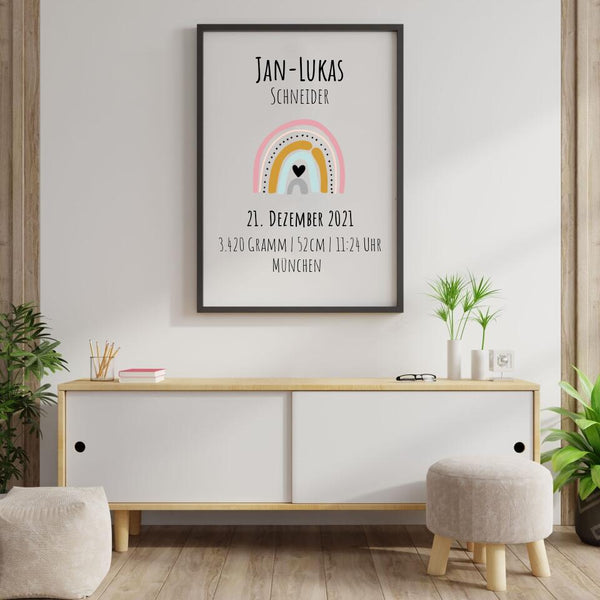 Regenbogen mit Namen und Geburtstag - Personalisierter Kunstdruck (Poster,Leinwand)