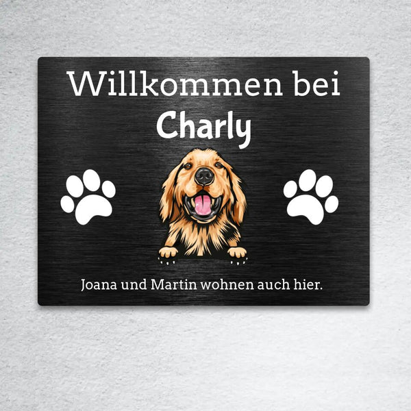 Willkommen - Hunde Portrait Dunkel- Personalisiertes Türschild